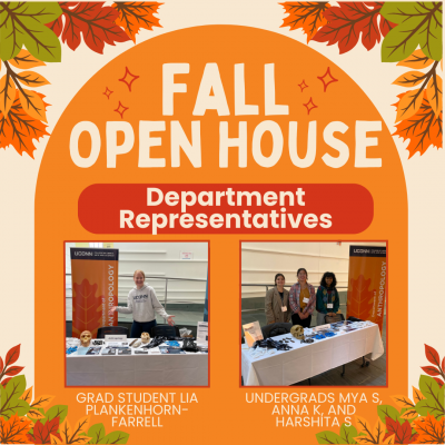 Graphic of UConn Fall Open House with Department Representatives. Pictured are Grad Student Lia Plankenhorm-Farrell (Left) and Undergrads Mya S, Anna K, and Harshita S (Right)