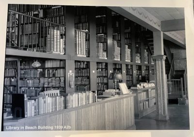 Two levels of books in Beach Hall's old library.